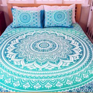 Queen Size Tapestry & Two Bed Pillow Covers SET Green Teal Blue NEW
